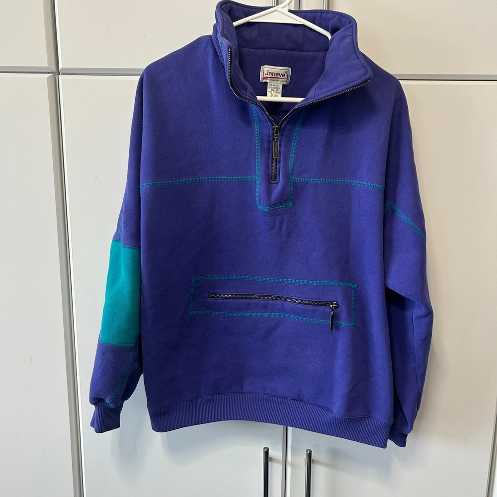 Janeve Vintage 90s Colorblock Quarter Zip Pullover Purple Teal Medium GS482